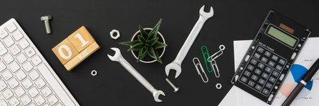 1st May International Labour Day Web Banner background concept. Office or home table desk stylish...
