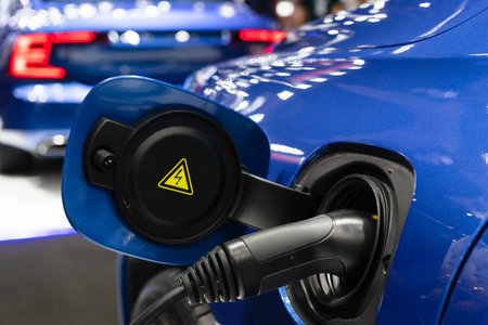 Power supply for electric car charging. Still life close up of the power cable supply charging an...