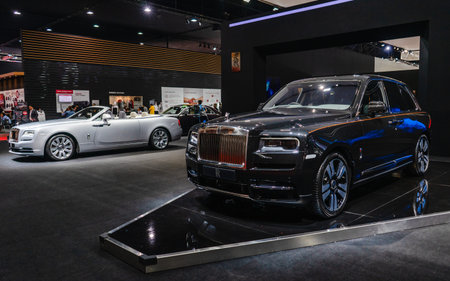 Bangkok, Thailand - March 31, 2019:  Luxury car manufactured by Rolls-Royce Motor Cars on display at...