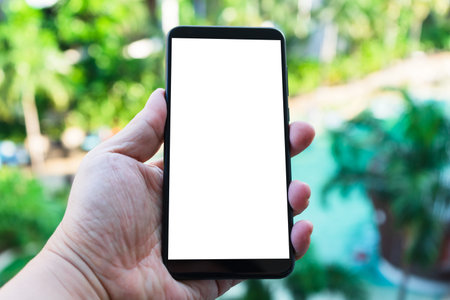 Mockup image of hand holding new black mobile phone with blank screen with green nature bokeh...