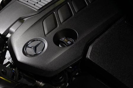 Bangkok, Thailand - March 31, 2019: Close up detailed shot of car engine of Mercedez benz