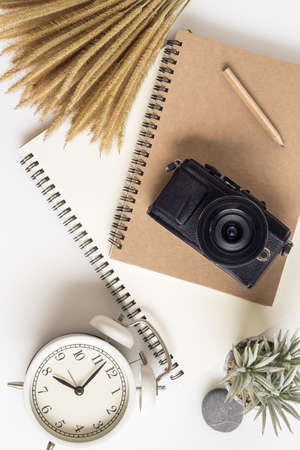 Travelling planning concept. Office table desk, notbook, camera, flower. Flat lay composition, social media and artists. Top view, home office workspace.の写真素材