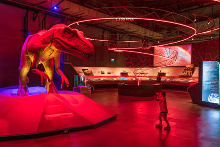 Pathum Thani, Thailand - June 15, 2019:  Siamotyrannus Isanesis dinosaur at the National Science Museum (NSM), Thailand. The National Science Museum is a group of science based museums at Pathumthani, Thailand.のeditorial素材