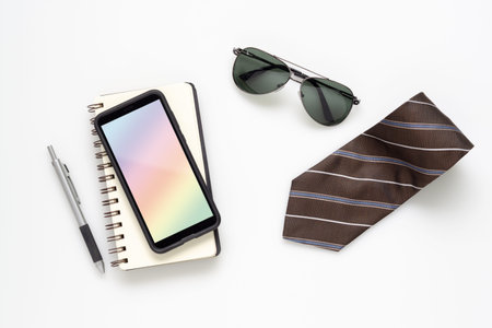 Mobile phone mockup with notebook, sun glasses, smartphone and necktie copy space on white color background. Minimal office desktop workspace top view. Flat lay style.の写真素材