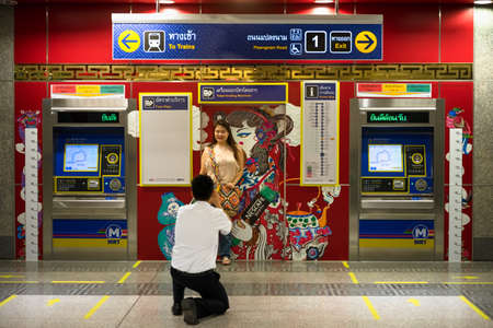 Bangkok, Thailand, August 1, 2019: Unidentified Visitor taking a photo at ticket machine at soft opening of Metropolitan Rapid Transit or MRT station "Wat Mangkon" locatedâ in the Yaowarat, middle of Chinatown in Bangkok.のeditorial素材