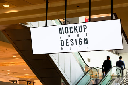 Blank white mock up Banner Panorama screen light box with business background. Advertising banner...