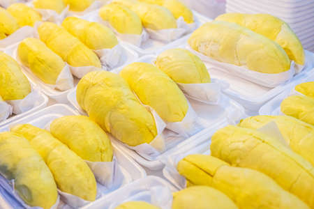 Durian monthong with delicious golden yellow soft flesh packed for sale. Durian King of fruits, Thai most famous fruit.の写真素材