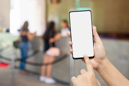 Trip vacation, Hotel reservation, tourism mobile phone mockup. Hand holding blank screen smart phone...