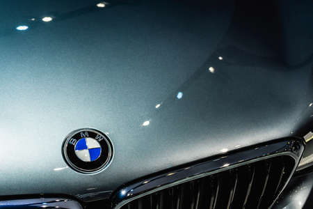 Bangkok, Thailand - September 14, 2019 : Front picture of BMW car, closeup on logo and grill of silver BMW sport car. BMW is German automobile, motorcycle and engine manufacturing company founded in 1916.のeditorial素材