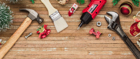 Merry Christmas and Happy New Years Handy Constrcution Tools web banner background concept. Handy...