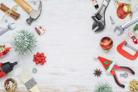 Merry Christmas and Happy New Years Handy Constrcution Tools background concept. Handy House Fix DIY...
