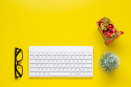 Merry Christmas and Happy new years office work space desktop shopping concept. Flat lay top view...