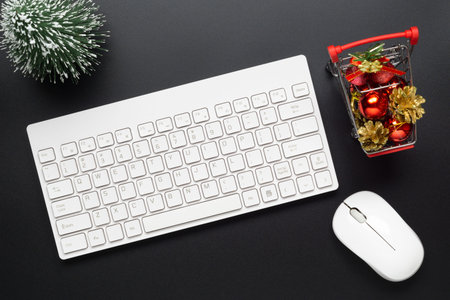 Merry Christmas and Happy new years office work space desktop shopping concept. Flat lay top view...
