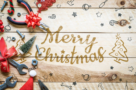 Merry Christmas and Happy new year handy tools gift background concept. Flat lay top view.の写真素材
