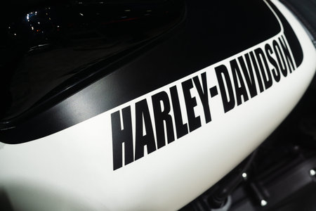 Bangkok, Thailand - December 11, 2019 : Harley-Davidson  logo on the body of sports motorbike....