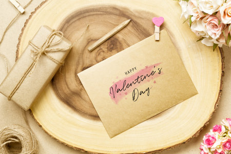 Mockup postcard and envelop on log wood with Happy Valentine's Day text, rose flower and gift box. Mock up for elegant design. Flat lay top view valentine's day background concept.の写真素材