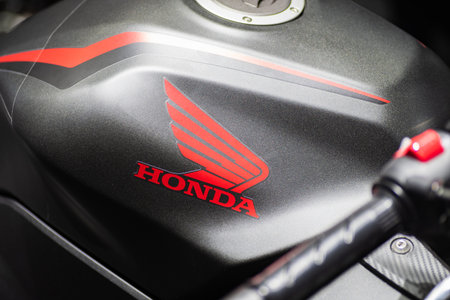 Bangkok, Thailand - December 5, 2019 : Honda  logo on the body of sports motorbike at a car show....