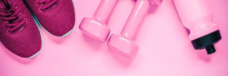Fitness workout web banner concept with red sport shoes, pink dumbbell and bottle of water. Top view...