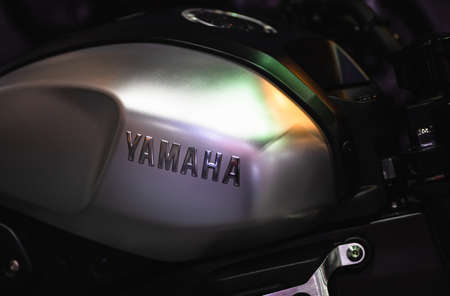 Bangkok, Thailand, February 23, 2020:  Close up of YAMAHA logo on the motorcycle body. YAMAHA is one of the famous motorcycle manufacturers in the world. Yamaha Motor Company is a Japanese manufactureのeditorial素材