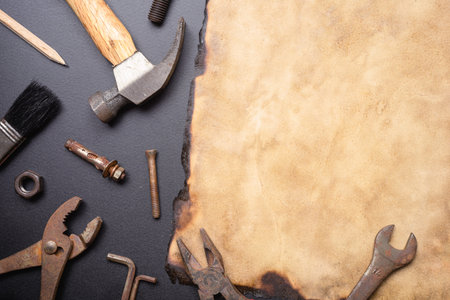 Mock up vintage retro empty space old paper with variation of old rusty handy tools,  Flat lay top...