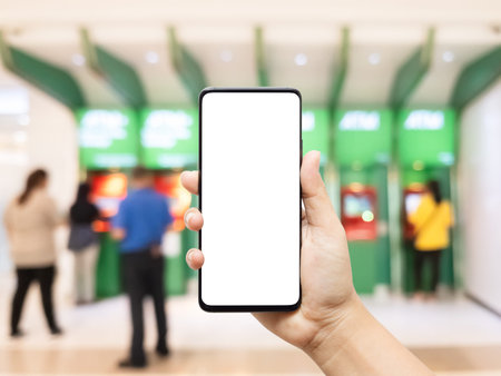 Mockup cellphone, hand using smart phone with empty blank screen with blurred image of people using...