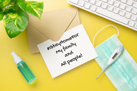 I Stay Home for hashtag, pandemic coronavirus prevention campaign concept. Mockup letter paper with...