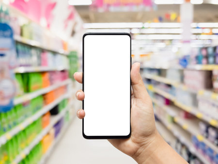 Hand holding smartphone with blurred supermarketの写真素材