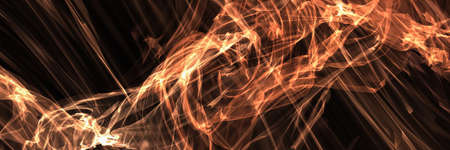 Abstract golden orange glowing plasma energy flowing on black background, panorama,  3D rendering abstract futuristic background.の写真素材