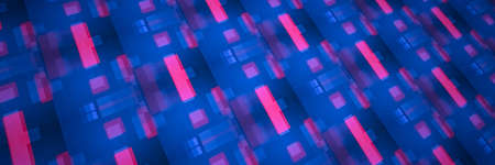 Virtual technology red and blue digital mosaic grid abstract background. 3D rendering panoramic banner.の写真素材
