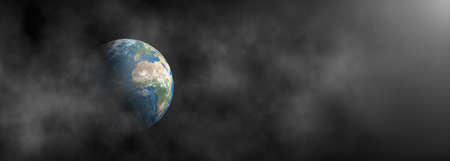 Earth surrounded by smoke on dark panoramic banner background. The concept of mystery, problem of the environment, worldwide disaster, global warming. 3D illustration with empty copy space for text.の写真素材