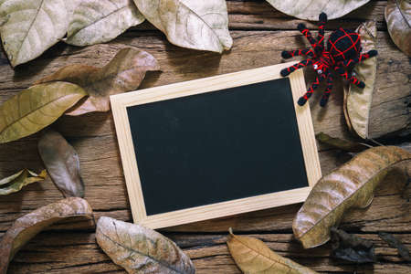 Mockup Halloween Thanksgiving Autumn Chalkboard. Blank empty chalkboard and leaves on grunge wood background. Top view Fall season banner template. Mock up autumn holidays concept for seasonal sales.の写真素材