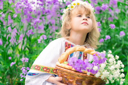 child standing on a green meadow in flowersの写真素材