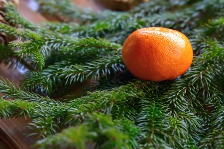 Tangerines lies on the green spruce branch festive background, the new year.Ches of walnut on a wooden table.の写真素材