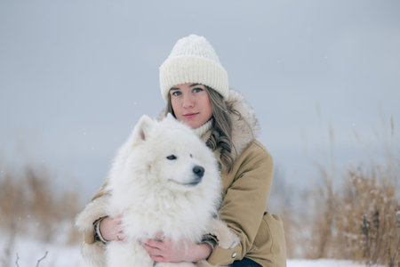 A young girl walks in winter with a white Samoyed dog in a snowy meadow in the forest.の写真素材
