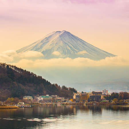 Mount Fuji at Kawakuchiko lake in Japanの写真素材