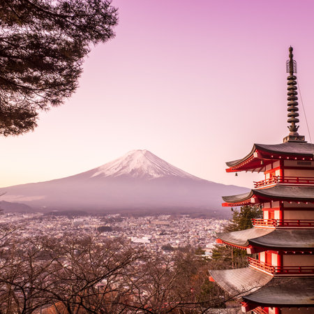 Mount Fuji at Kawakuchiko lake in Japanのeditorial素材