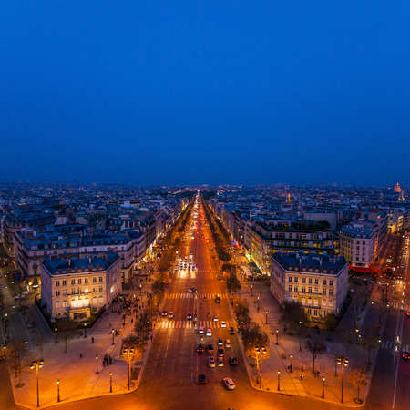 The famous Champs-ElysÃ©es in Paris from the top of the Arc De Triomphe at night Stock Photo 