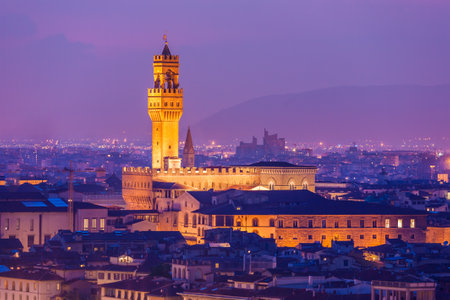 Italy Florence Palazzo Vecchio piazza square at twilightのeditorial素材