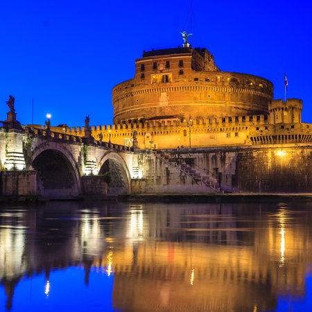 St.Angelo Bridge and Castle Sant'Angelo by night, Rome, Italyのeditorial素材