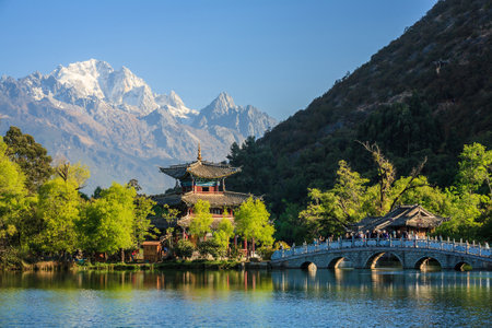 Lijiang old town scene-Black Dragon Pool Park. you can see Jade Dragon Snow Mountain in the background.のeditorial素材