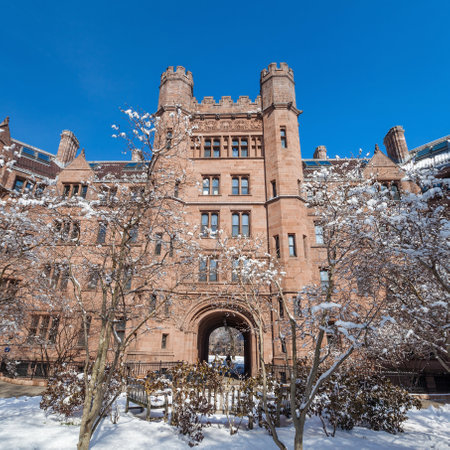 Yale university buildings in winter sunlight with snow and blue skyのeditorial素材