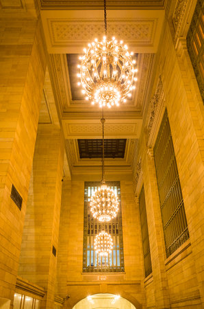 NEW YORK - February 10, 2014: Grand Central Station lamps on the ceiling of Vanderbilt hall on February 10, 2014, in New York City.のeditorial素材