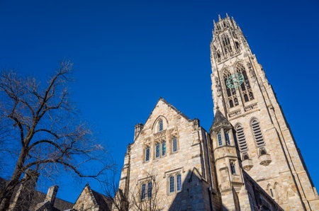 Yale university buildings in winter sunlight with snow and blue skyのeditorial素材