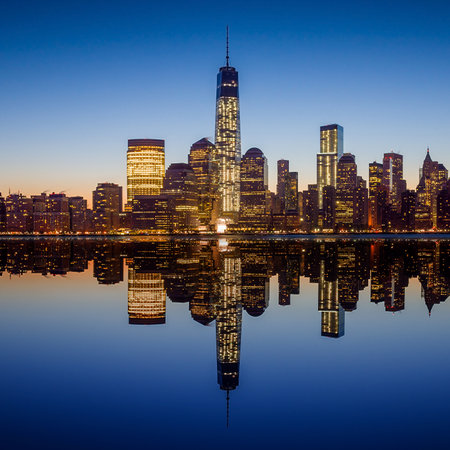 Manhattan Skyline with the One World Trade Center building at twilight, New York Cityのeditorial素材