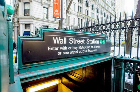 Subway entrance in Lower Manhattan at Wall Streetのeditorial素材