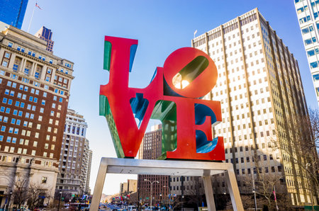 PHILADELPHIA -  FEB 2014: The Love statue in the Love Park on February 27, 2014. The popular Love Park named after the Love statue in Philadelphia, USA. It was first placed in the plaza in 1976 and has since become a global iconのeditorial素材