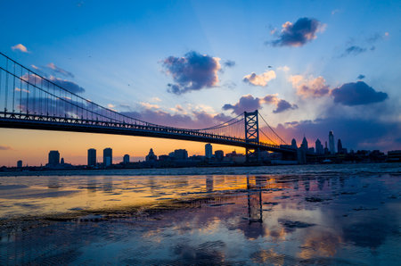 Panorama of Philadelphia skyline, Ben Franklin Bridge and Penn's Landing sunsetのeditorial素材