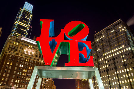PHILADELPHIA -  FEB 2014: The Love statue in the Love Park on February 27, 2014. The popular Love Park named after the Love statue in Philadelphia, USA. It was first placed in the plaza in 1976 and has since become a global iconのeditorial素材