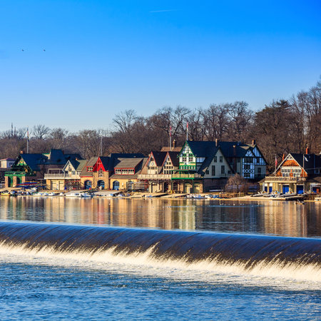 PHILADELPHIA - FEB 27: Boathouse Row at sunset light on February 27, 2014 in Philadelphia. Boathouse Row is a historic site located on the east bank of the Schuylkill River.のeditorial素材