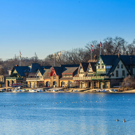 PHILADELPHIA - FEB 27: Boathouse Row at sunset light on February 27, 2014 in Philadelphia. Boathouse Row is a historic site located on the east bank of the Schuylkill River.のeditorial素材